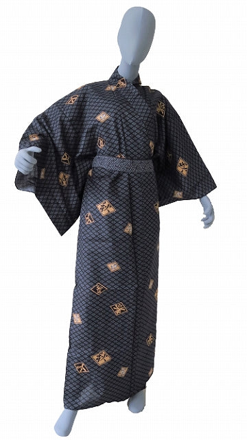 Men’s Japanese Yukata “Diamond Script” (Hishimoji) Pattern Made in Kyoto Japan