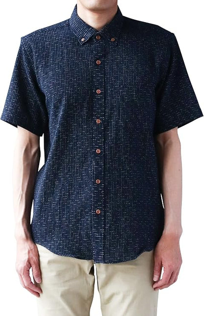 Men’s Kurume Chijimi Shirt  Bunjin Navy Grid Pattern  Made in Japan