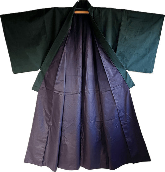 Men’s Traditional Japanese Kimono – Green-Blue Tsumugi Silk with Purple Lining