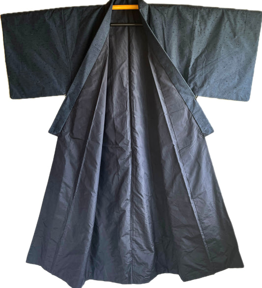 Men’s Traditional Japanese Kimono in Wild Tsumugi Silk – Indigo Blue