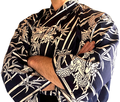 Men’s Japanese Yukata Take Ryu Navy Cotton Bamboo &  Dragon Made in Kyoto ,Japan