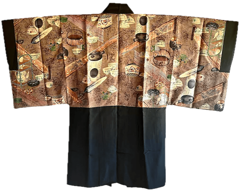 Men’s Antique Haori – Black Silk Maruni Tachibana Montsuki Chashitsu