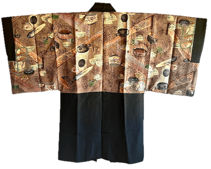 Men’s Antique Haori – Black Silk Maruni Tachibana Montsuki Chashitsu