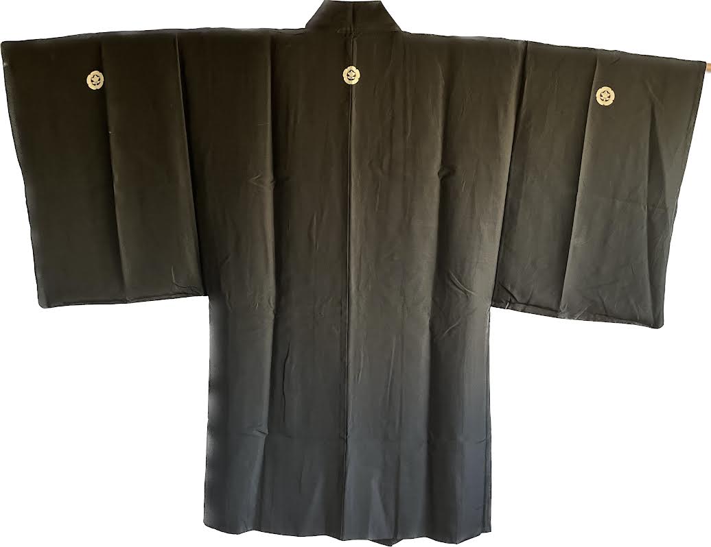 Men’s Antique Haori – Black Silk Maruni Tachibana Montsuki Chashitsu