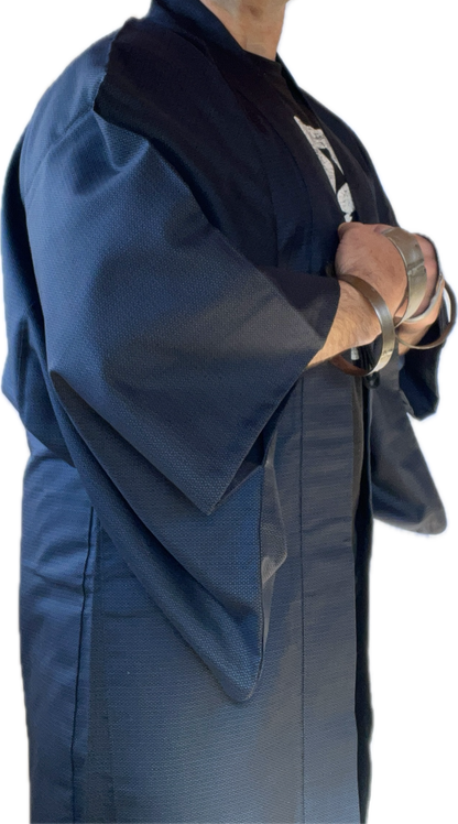 Men’s Traditional Japanese Haori – Blue Silk Ōshima with Kato Kiyomasa’s Kabuto Design