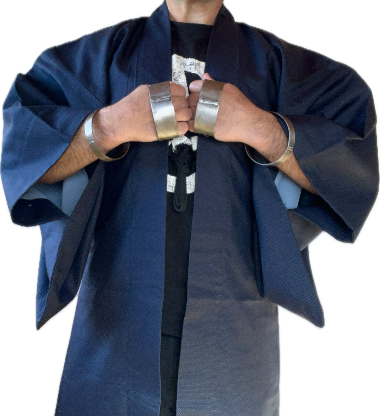 Men’s Traditional Japanese Haori – Blue Silk Ōshima with Kato Kiyomasa’s Kabuto Design