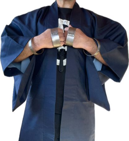 Men’s Traditional Japanese Haori – Blue Silk Ōshima with Kato Kiyomasa’s Kabuto Design