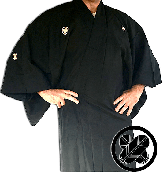 Men's Antique Japanese Formal Kimono TakanoHane Montsuki Black Silk 004