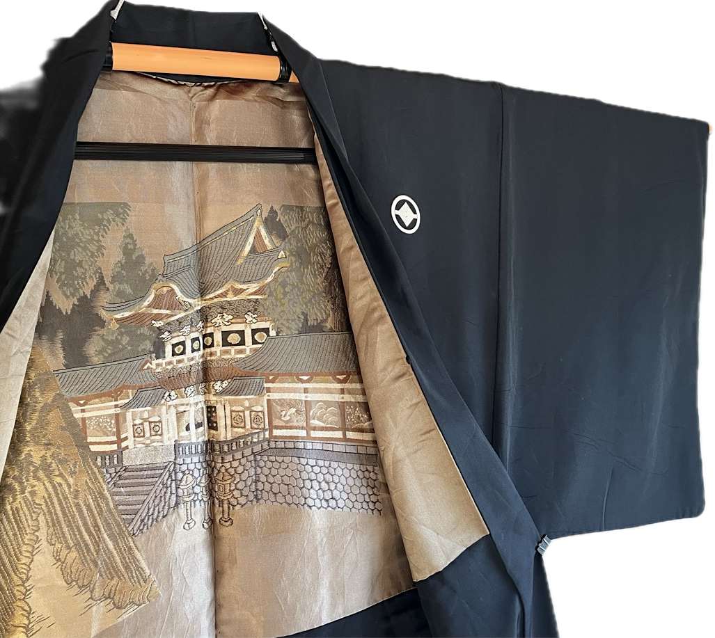 Antique Japanese Men’s Haori - Black Silk Montsuki with Toshogu Nikko Japan