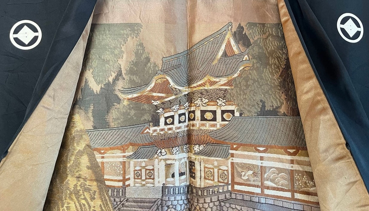 Antique Japanese Men’s Haori - Black Silk Montsuki with Toshogu Nikko Japan