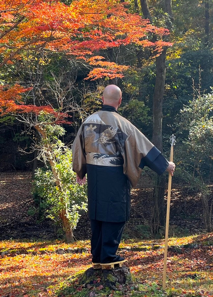 Men’s Haori Black Silk Katabami Montsuki Fuji & Dragon RYU