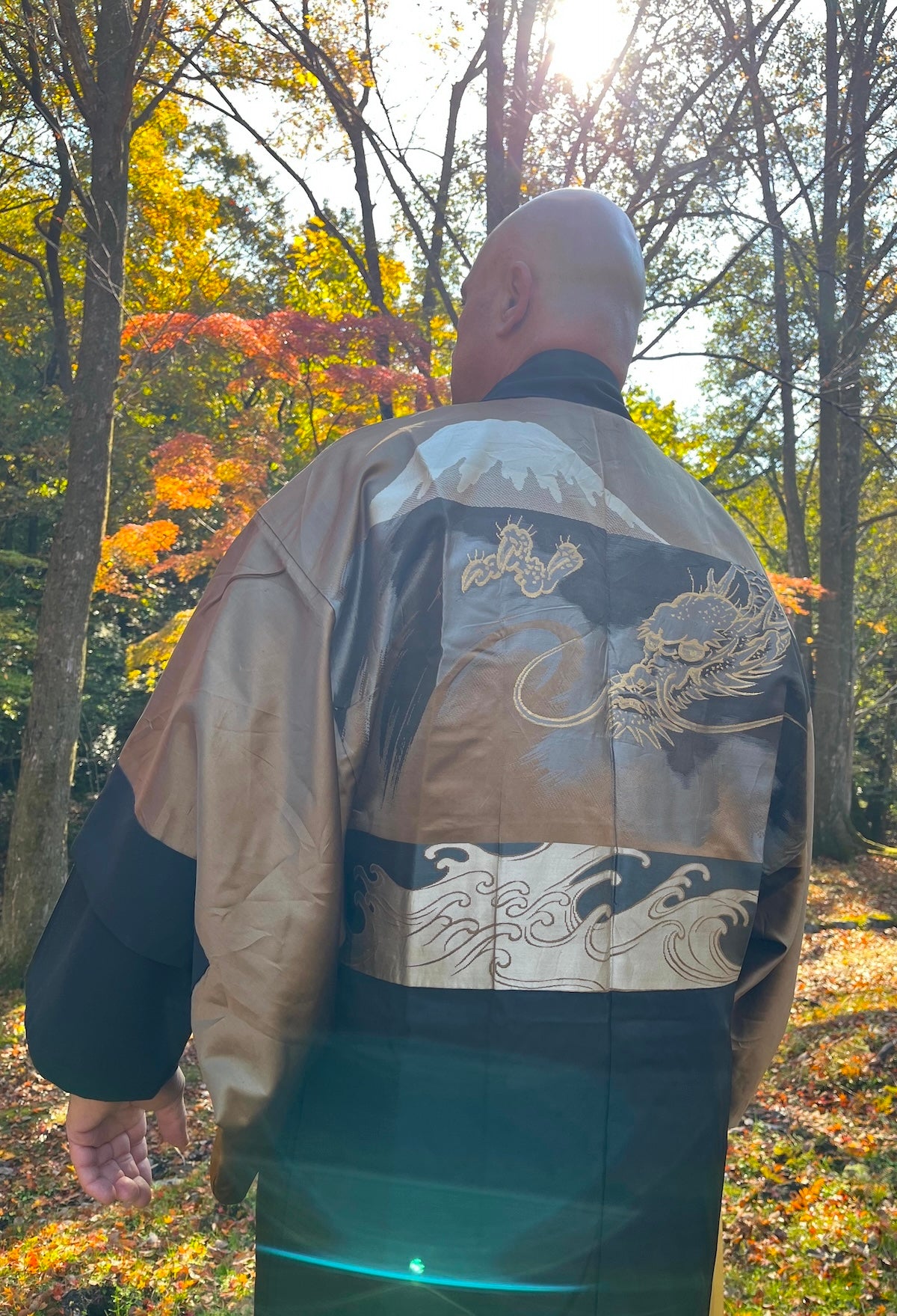 Men’s Haori Black Silk Katabami Montsuki Fuji & Dragon RYU