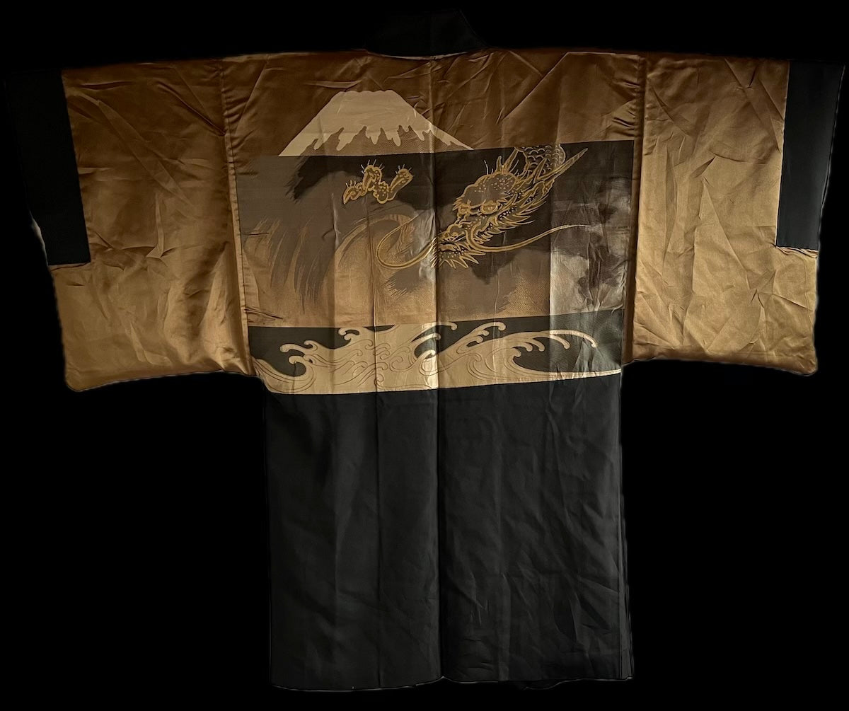 Men’s Haori Black Silk Katabami Montsuki Fuji & Dragon RYU