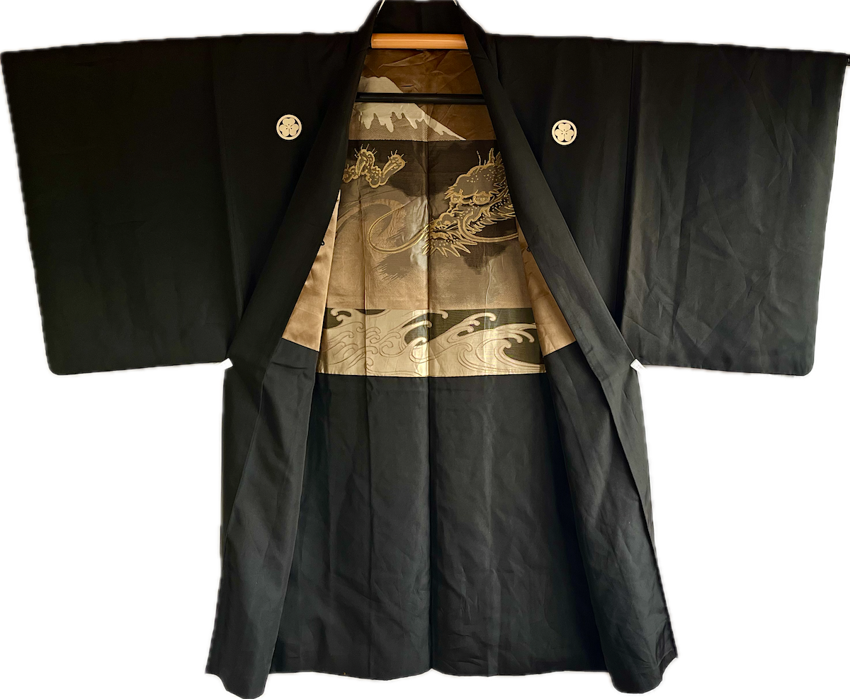 Men’s Haori Black Silk Katabami Montsuki Fuji & Dragon RYU