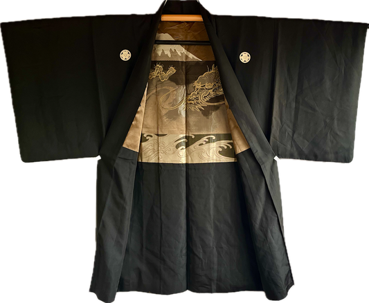Men’s Haori Black Silk Katabami Montsuki Fuji & Dragon RYU