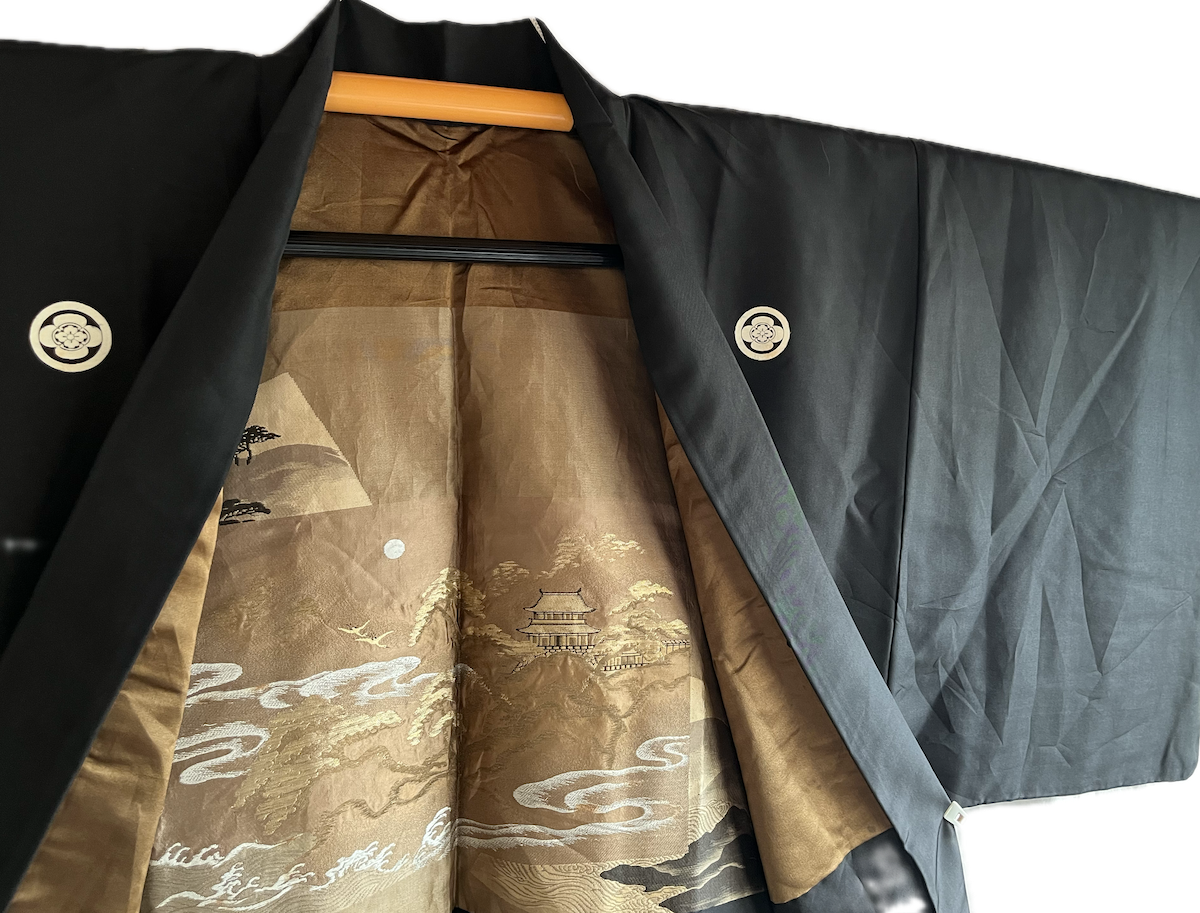 Men's Haori Black Silk Mokkou Montsuki  The SkyCastle "Takeda-Jo " Made in Japan