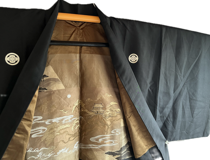 Men's Haori Black Silk Mokkou Montsuki  The SkyCastle "Takeda-Jo " Made in Japan
