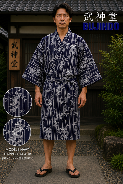 Men’s Japanese Yukata Take Ryu Navy Cotton Bamboo &  Dragon Made in Kyoto ,Japan