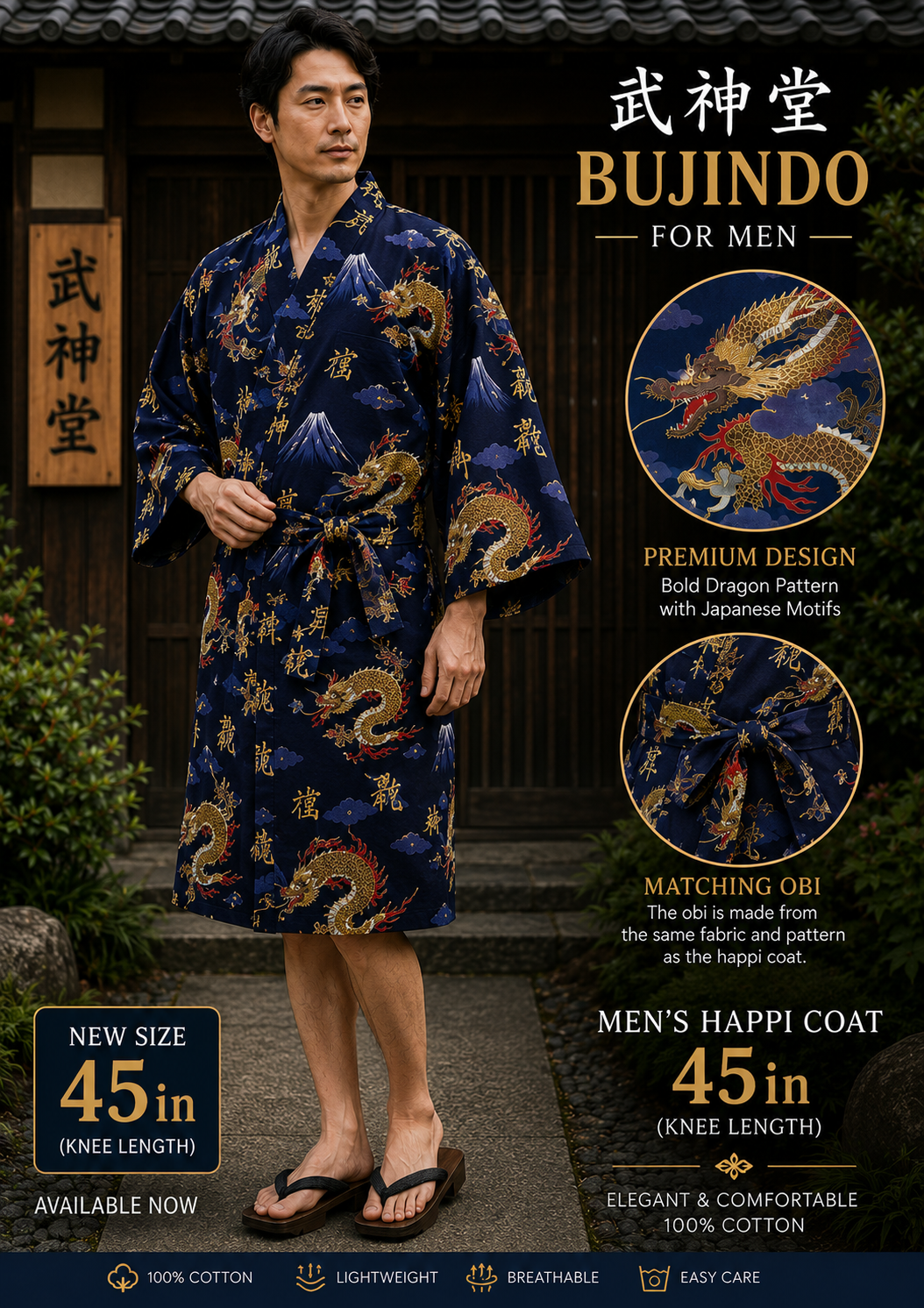 Men's Japanese Yukata Fujiyama & Dragon Made in Kyoto Japan