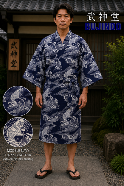 Men's Japanese Yukata Koi Navy Cotton Japanese Carp Made in Kyoto Japan