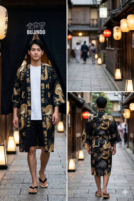 Men’s Happi Fuji To Ryu Black Cotton Mt. Fuji and Dragon Design Made in Japan