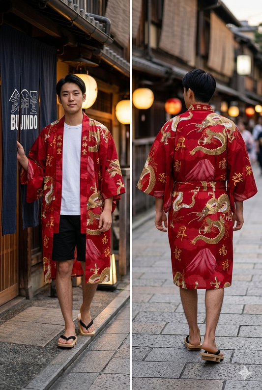 Men’s Happi Fuji To Ryu Red Cotton Mt. Fuji and Dragon Design Made in Japan