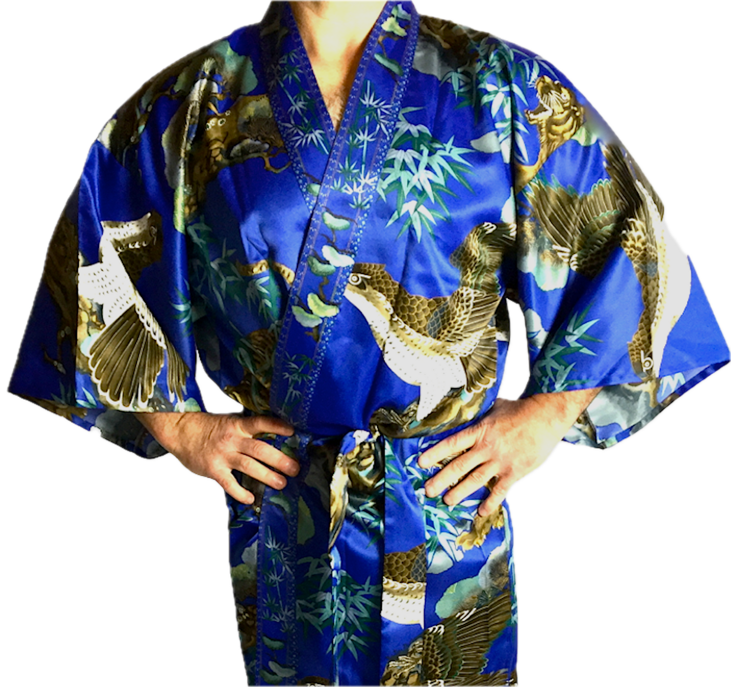 Men’s Happi Tora Washi – Navy Blue Polyester Short Kimono Tiger Eagle Design