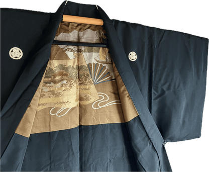 Men’s Japanese Haori – Black Silk Katabami Montsuki Kyomizudera Temple & Himeji Castle