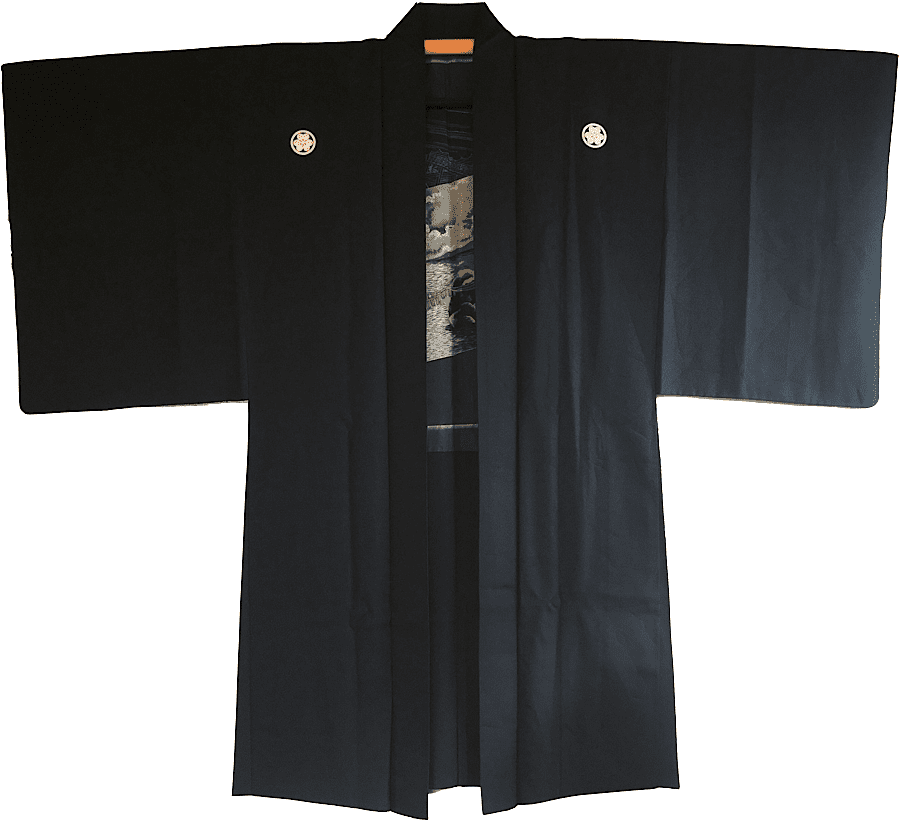 Men's Japanese Haori Black Silk Katabami Montsuki Meoto Iwa Ise Men's Japanese Haori Black Silk Katabami Montsuki Meoto Iwa Ise