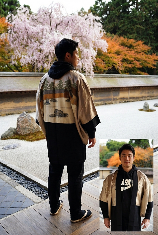 Men's Japanese Haori Black Silk Umebachi Montsuki Zen Garden of Ryoanji Temple, Kyoto