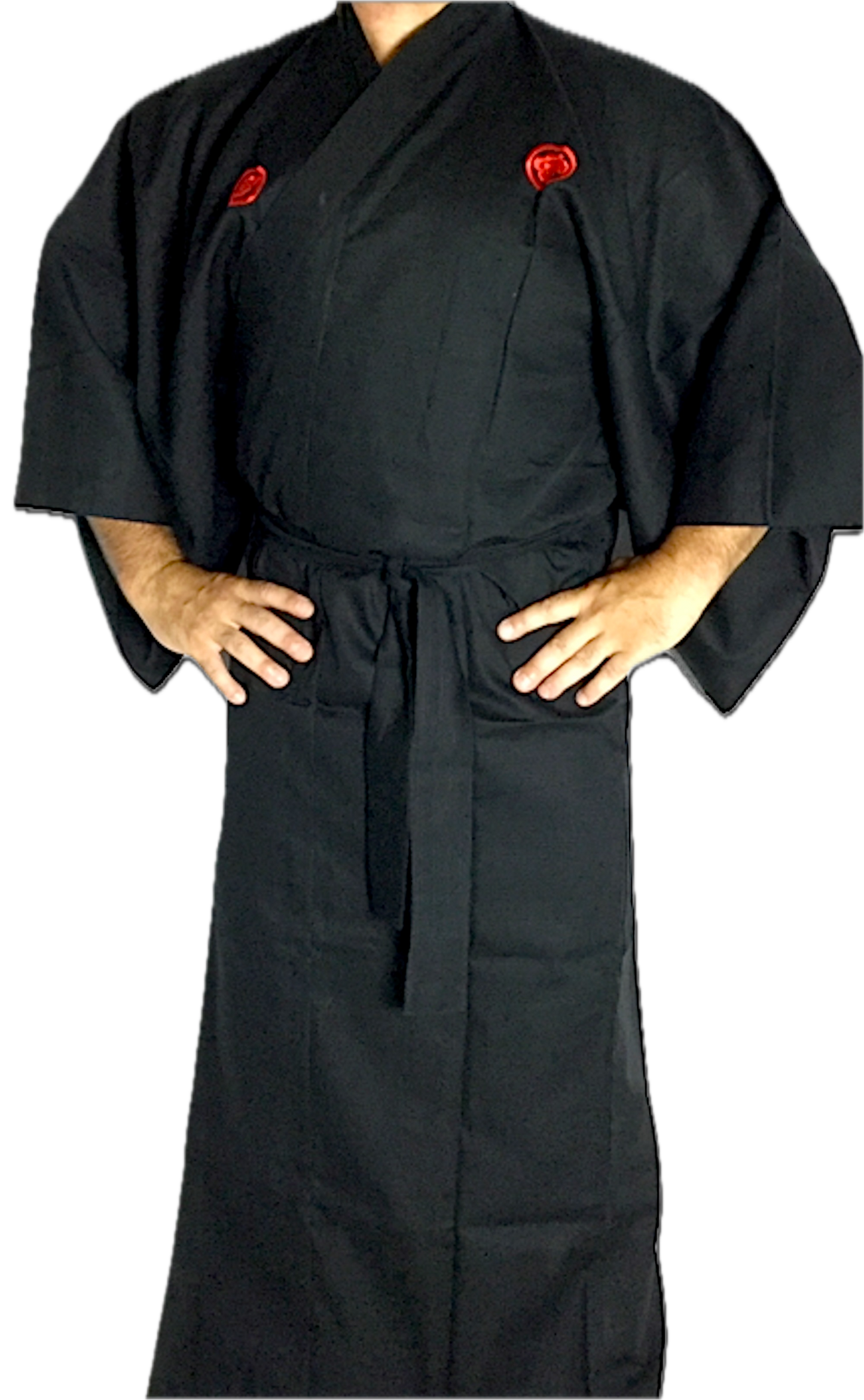Men's Japanese Kimono "SAMURAI" – Black Cotton Shantung with Embroidered Kanji