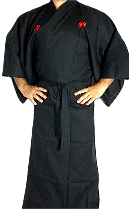 Men's Japanese Kimono "SAMURAI" – Black Cotton Shantung with Embroidered Kanji