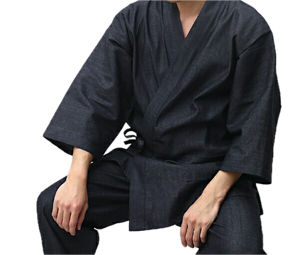 Men’s Japanese Samue Set Black Cotton Denim Workwear Made in Japan
