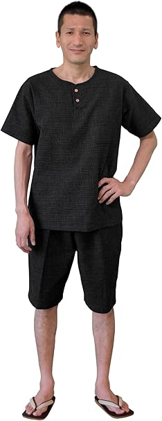 Men's Japanese Summer Loungewear Set – Bunji Black Cotton  – Made in Japan
