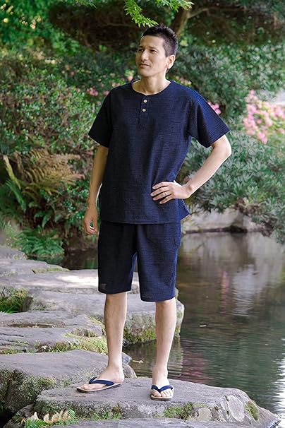 Men's Japanese Summer Loungewear Set – Bunji Navy Cotton  – Made in Japan