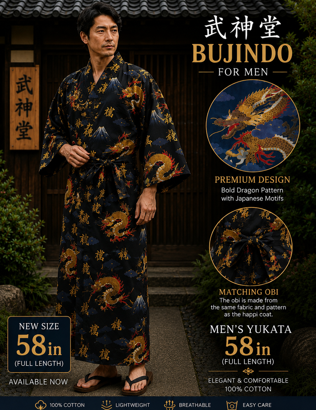Men's Japanese Yukata Fujiyama & Dragon Made in Kyoto Japan