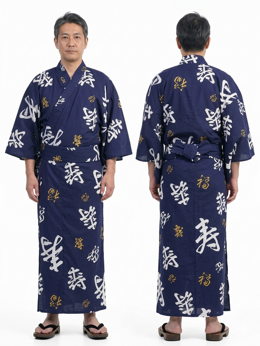 Men’s Japanese Yukata “Happy Longevity” (Fukuju) Pattern Made in Kyoto Japan