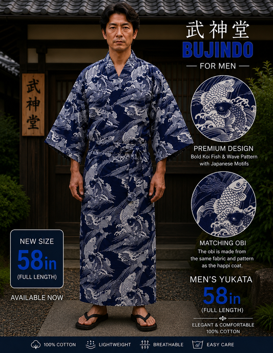 Men's Japanese Yukata Koi Navy Cotton Japanese Carp Made in Kyoto Japan