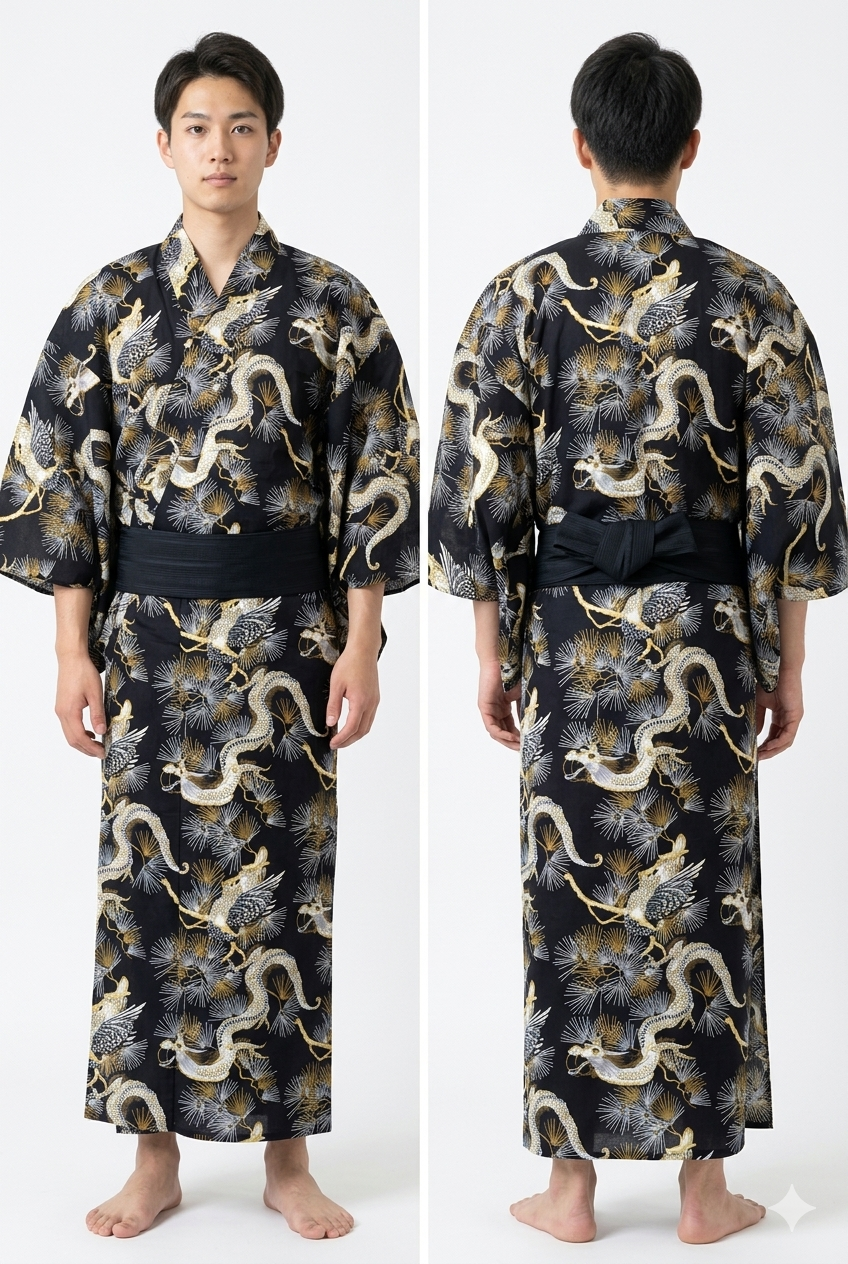 Men’s Japanese Yukata – Pine & Dragon (Matsu & Ryū) Pattern  Made in Kyoto Japan