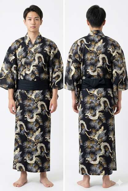 Men’s Japanese Yukata – Pine & Dragon (Matsu & Ryū) Pattern  Made in Kyoto Japan