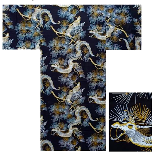Men’s Japanese Yukata – Pine & Dragon (Matsu & Ryū) Pattern  Made in Kyoto Japan