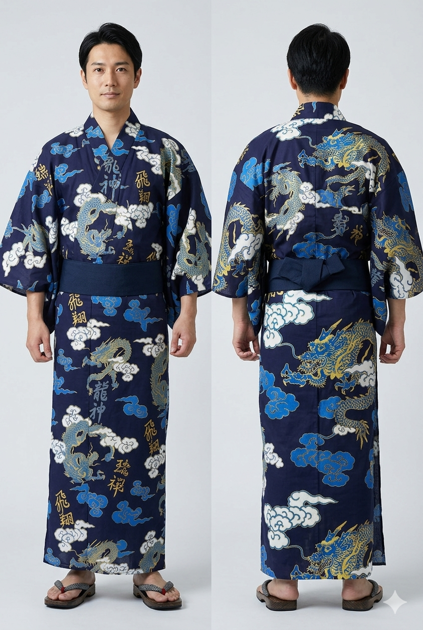 Men’s Japanese Yukata “UnRyū Moji” Dragon & Cloud Pattern Made in Kyoto Japan