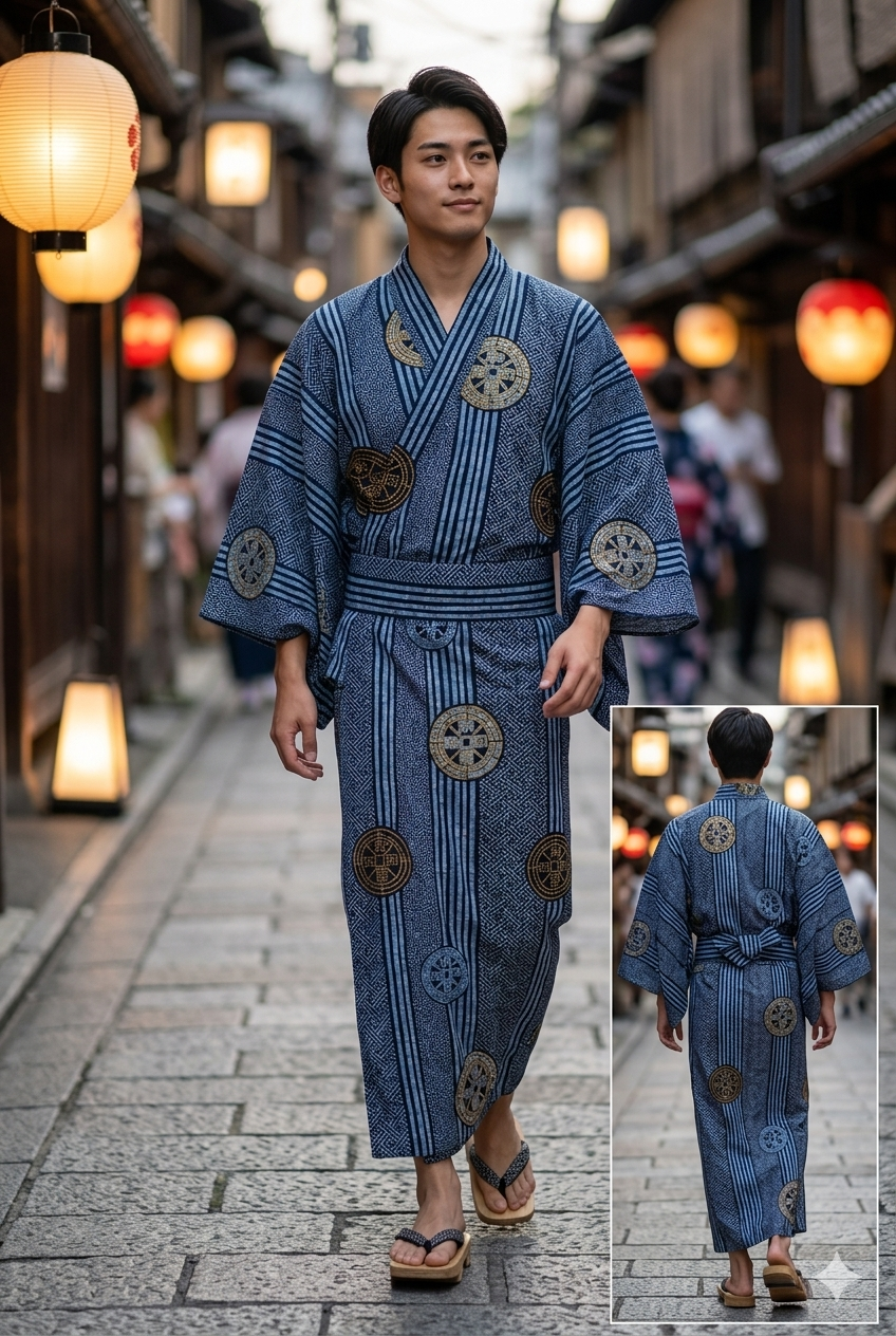Men’s Japanese Yukata “Wadōkaichin” Ancient Coins Pattern Made in Kyoto Japan