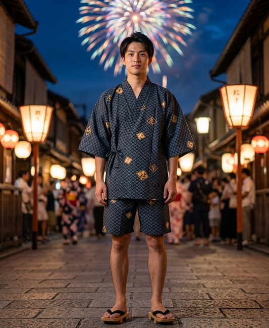Men’s Jinbei “Hishimoji” – Lightweight Cotton – Made in Kyoto Japan