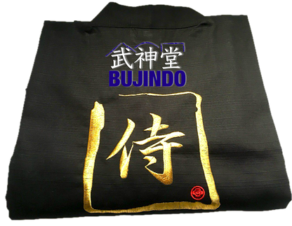Men's Japanese Kimono "SAMURAI" – Black Cotton Shantung with Embroidered Kanji