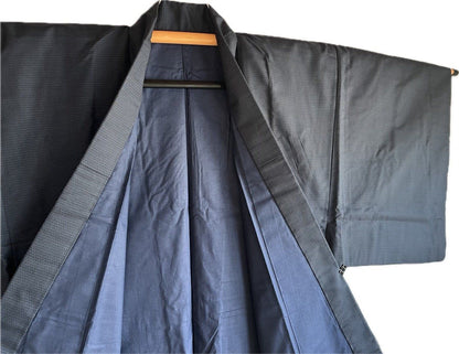 Men’s Traditional Japanese Kimono – Navy Tsumugi Silk with Kikkō Gara Pattern