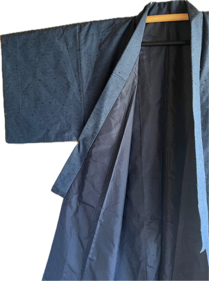Men’s Traditional Japanese Kimono in Wild Tsumugi Silk – Indigo Blue