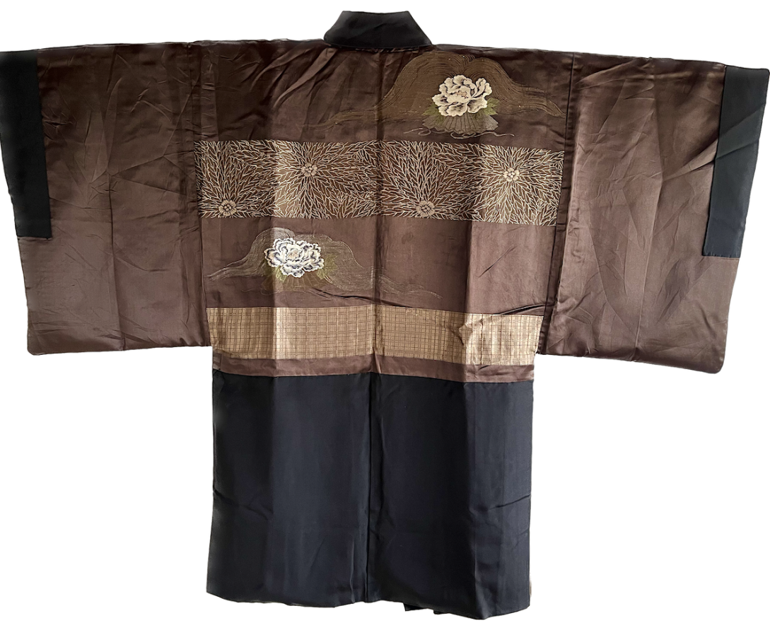 Men’s Vintage Haori Black SilK Samurai Crest Botan Kuyo