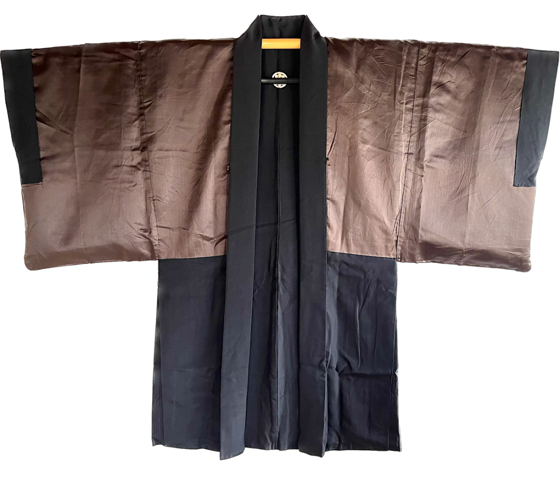 Men’s Vintage Haori Black SilK Samurai Crest Botan Kuyo