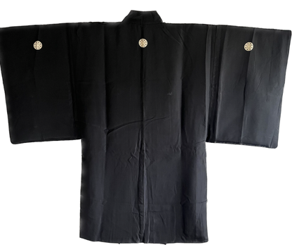 Men’s Vintage Haori Black SilK Samurai Crest Botan Kuyo